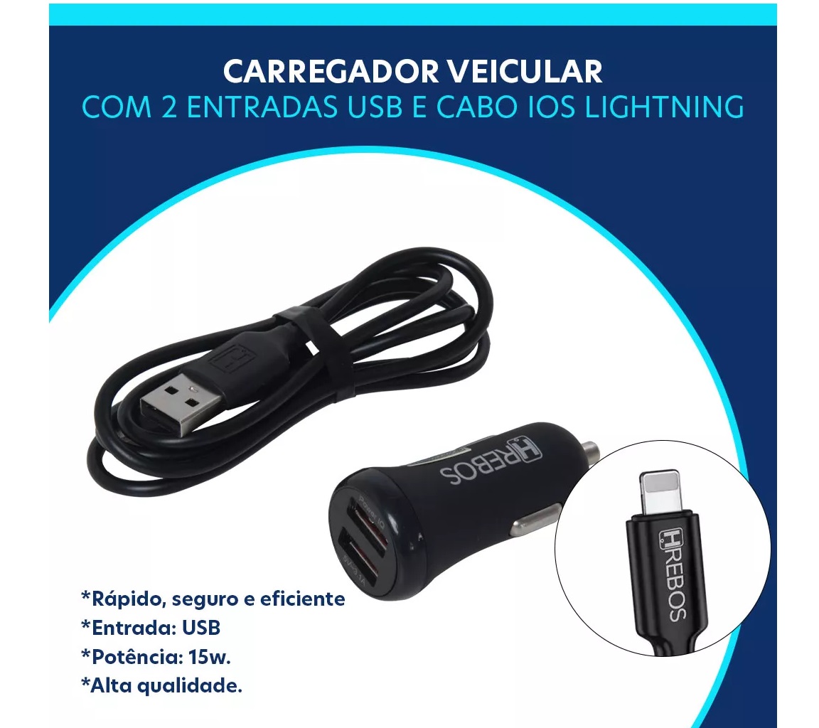 Kit Carregador Veicular 2 Usb + Cabo P/ i...