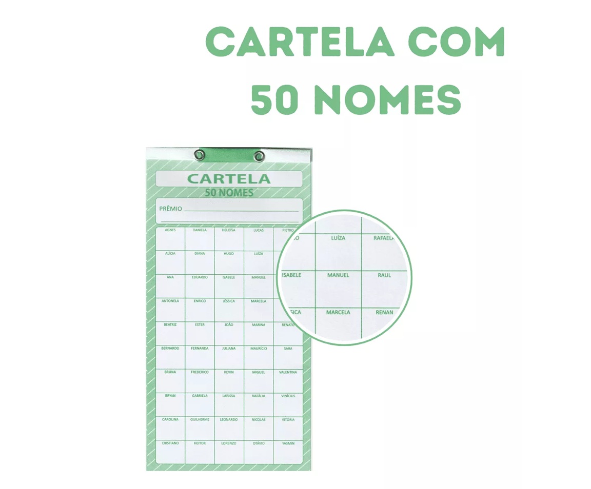 Kit Cartela De Rifa 50 Nomes Com 10 Unida...
