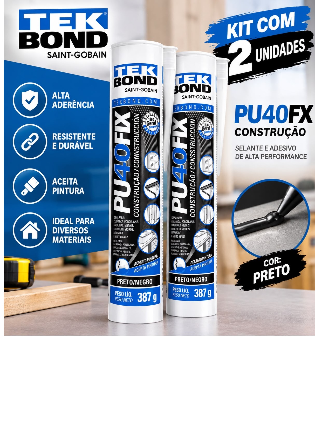 Kit 2 Adesivos PU40 Preto Fix Tekbond 387...