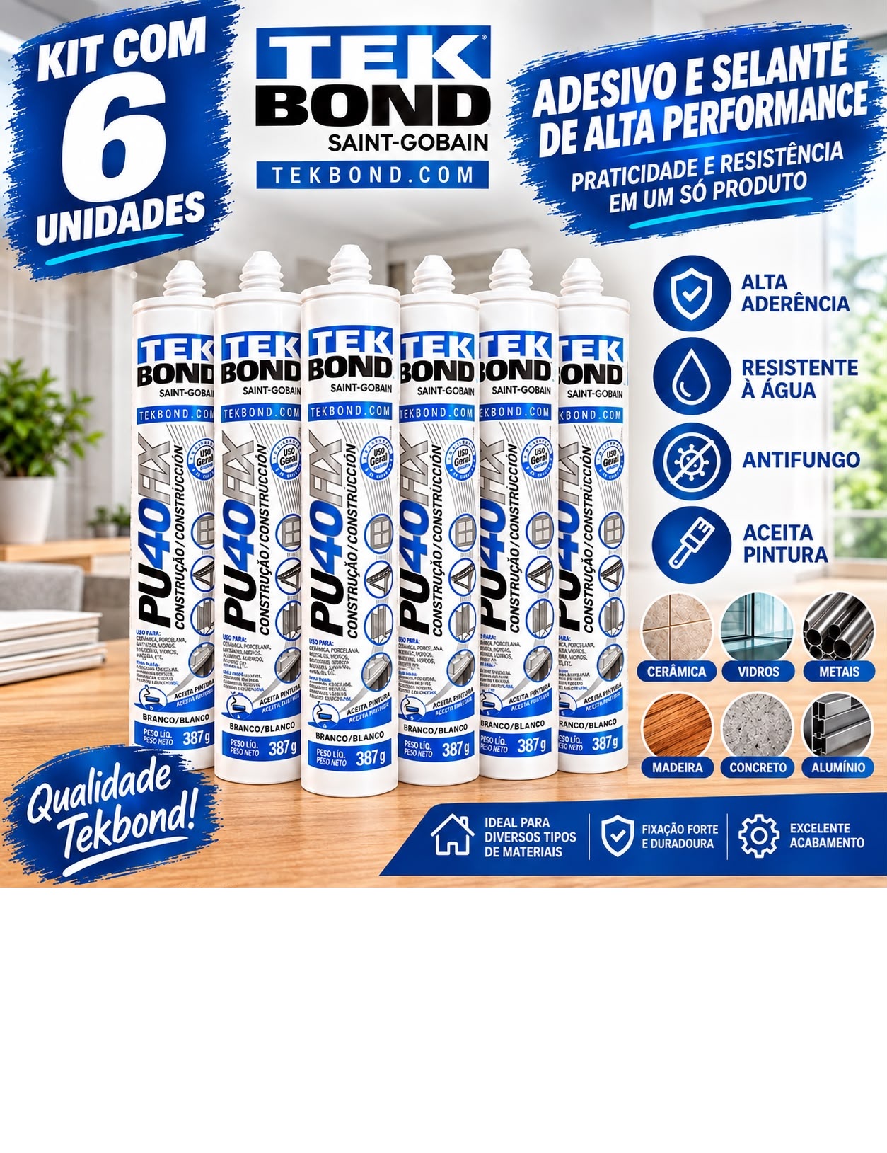 Kit 6 Selantes PU40 Branco Tekbond Imperm...