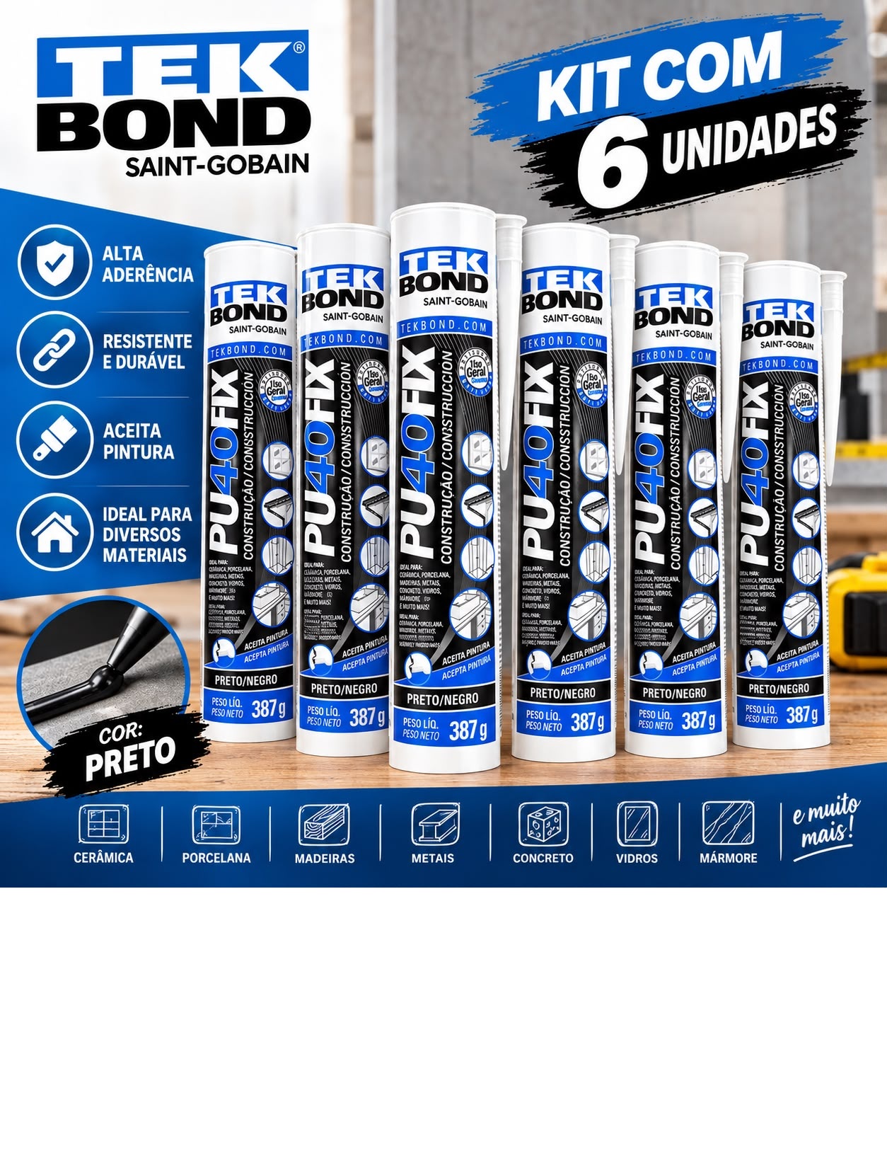 Kit 6 Adesivos PU40 Preto 387g Tekbond - ...