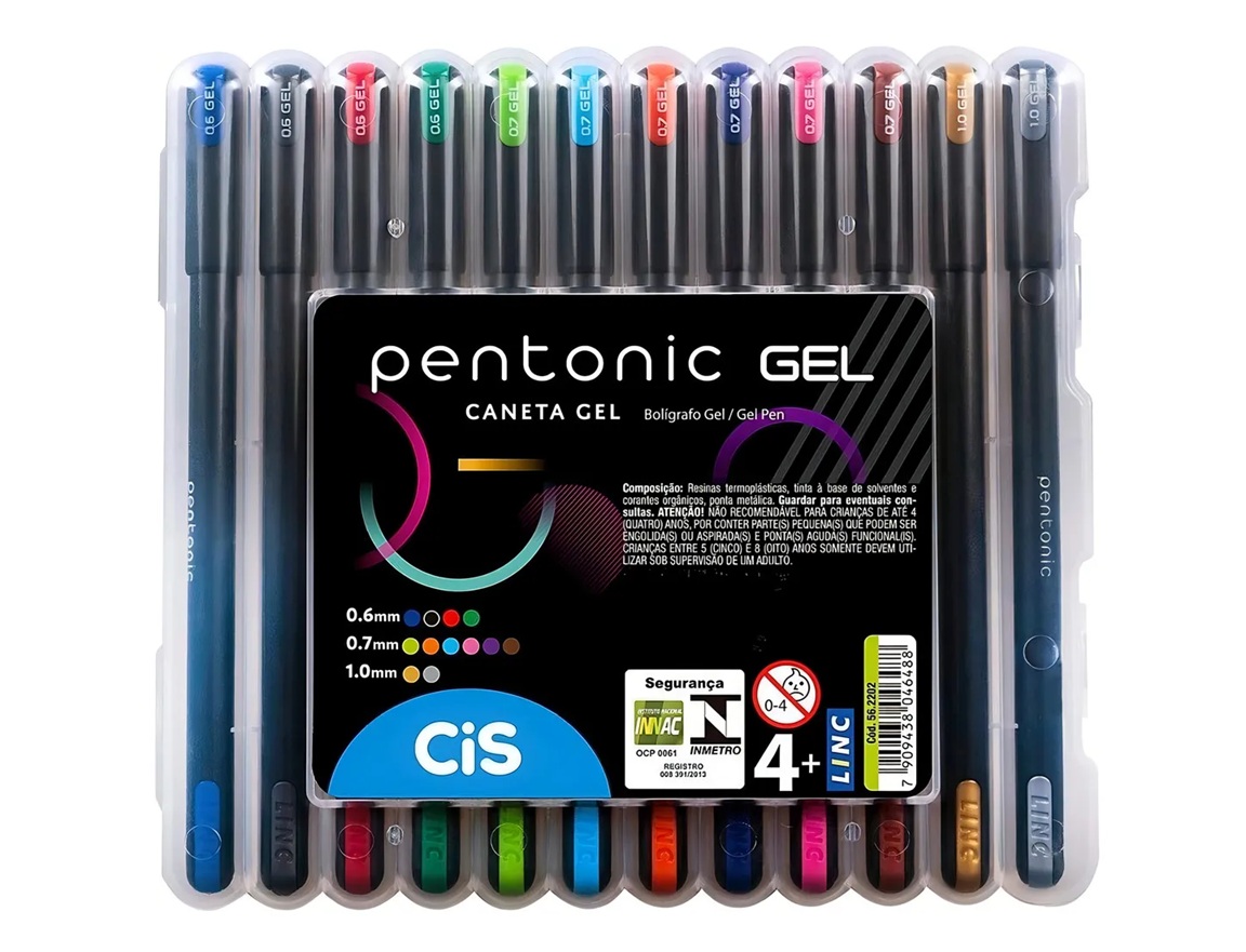 Canetas Pentonic Gel Ponta Fina Com 12 Co...