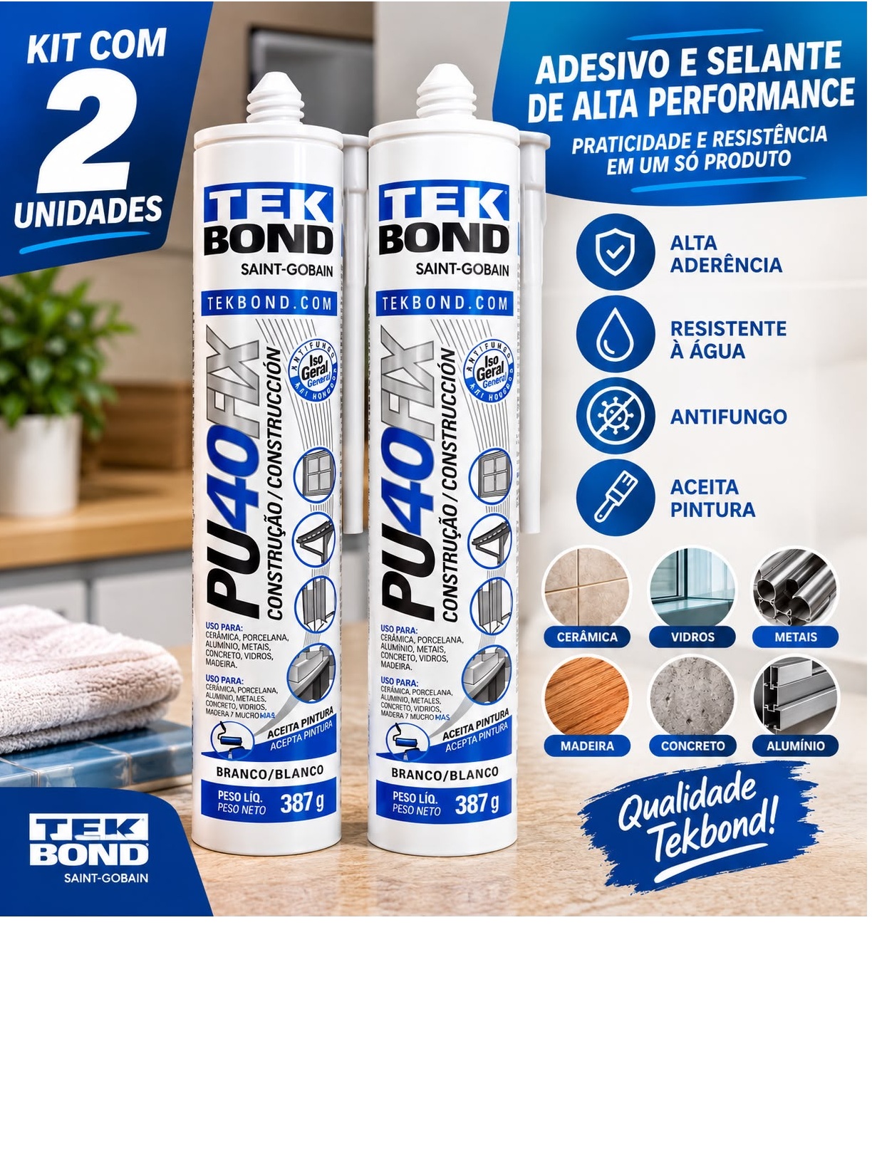 Kit 2 Adesivos PU40 Branco 387g Tekbond -...